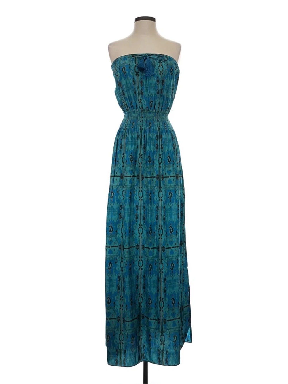 Calypso St. Barth Abstract Strapless Teal Patterned Maxi Dress Tie Bust Tassle S